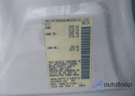 2015 Nissan Altima 2.5 Sl z USA, uszkodzony, nr VIN 1N4AL3AP7FC158972